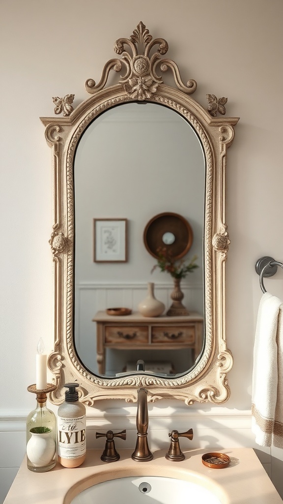 A vintage-style bathroom mirror with an ornate frame, reflecting a cozy bathroom setting.