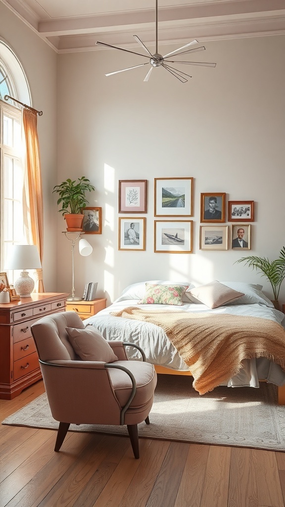 A cozy bedroom featuring a bed with soft linens, a vintage armchair, and framed pictures on the wall, illuminated by natural light.