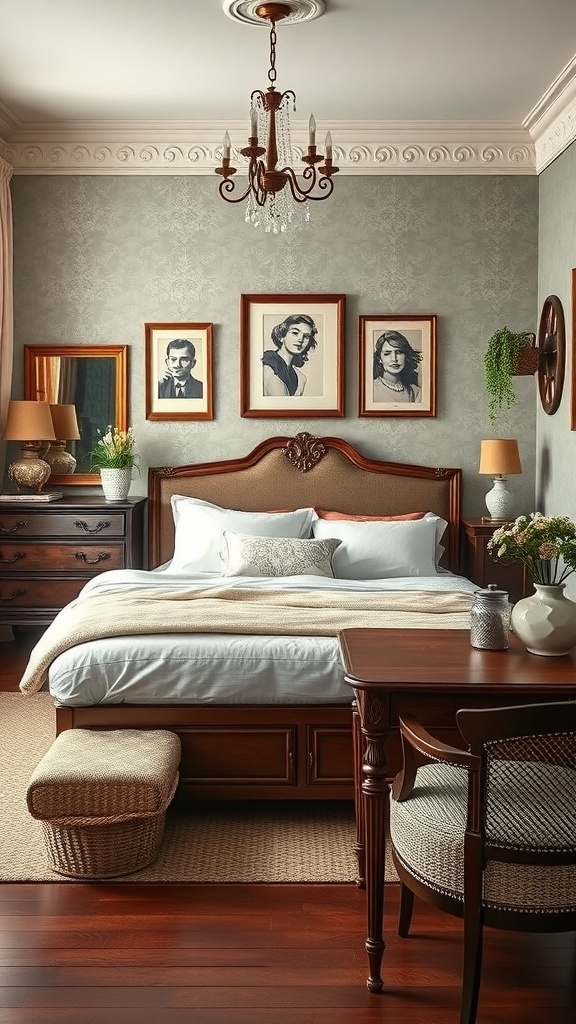 A vintage-inspired bedroom featuring wooden furniture, classic portrait art, and modern decor elements.