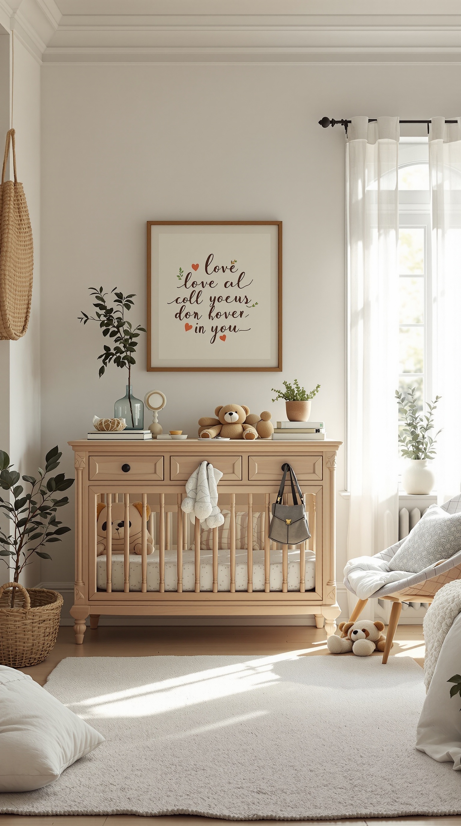 A cozy baby room featuring a vintage wooden crib, soft rug, and warm decor elements.