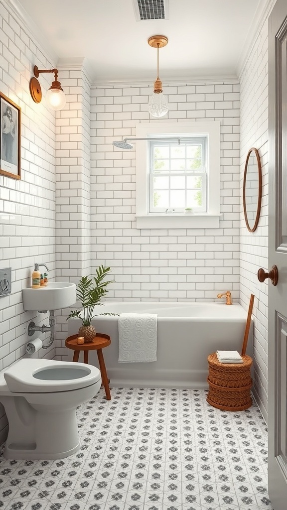 A stylish half bathroom featuring white subway tiles, copper fixtures, patterned floor tiles, and natural elements.