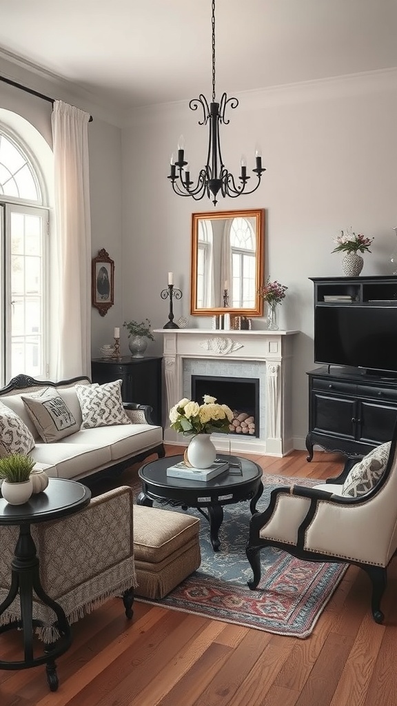 A vintage-inspired living room featuring black and white decor, a chandelier, and a fireplace.