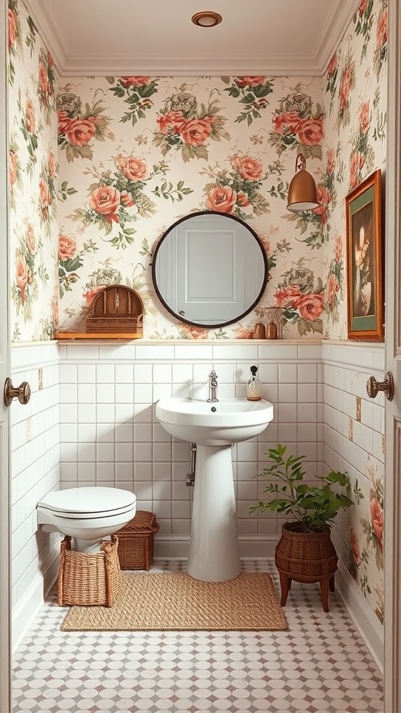 A small bathroom with vintage floral wallpaper, a round mirror, and a cozy decor.