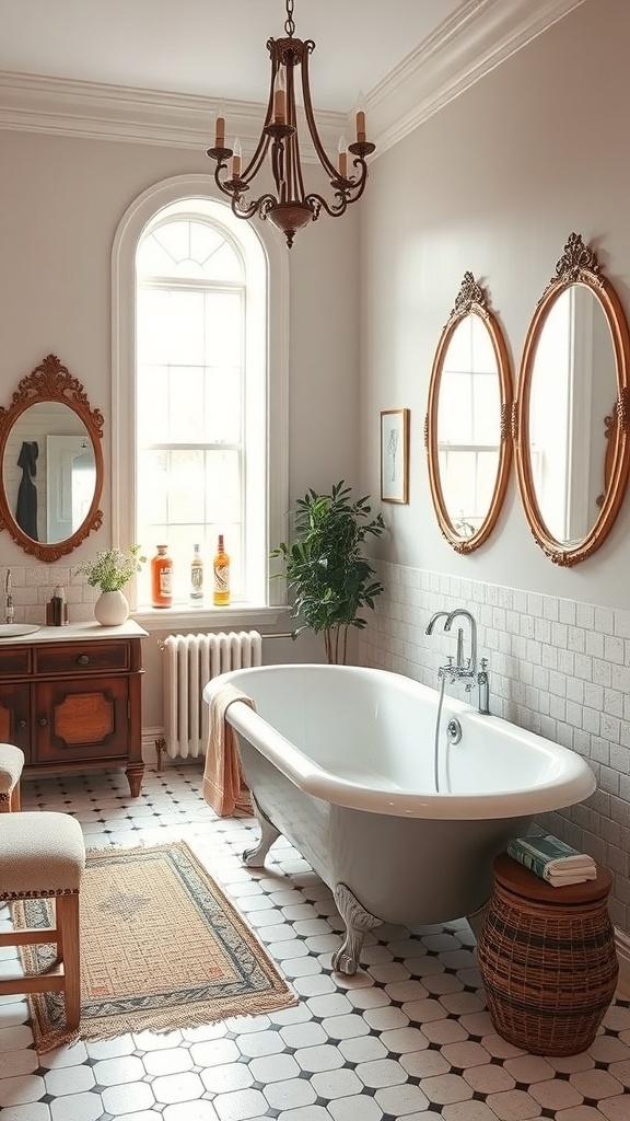 A vintage chic bathroom featuring a clawfoot tub, elegant mirrors, and a chandelier.