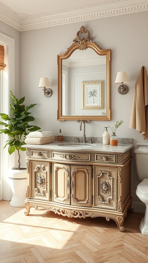 A vintage bathroom vanity with intricate carvings, a granite top, and a decorative mirror, surrounded by soft lighting and plants.