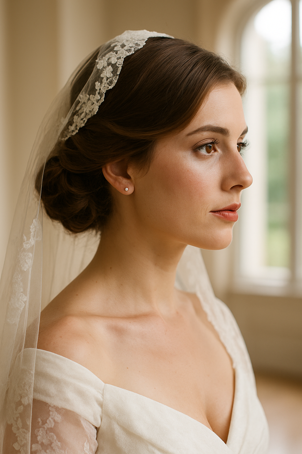 A bride with a vintage chignon hairstyle and a lace veil, showcasing elegance and sophistication.