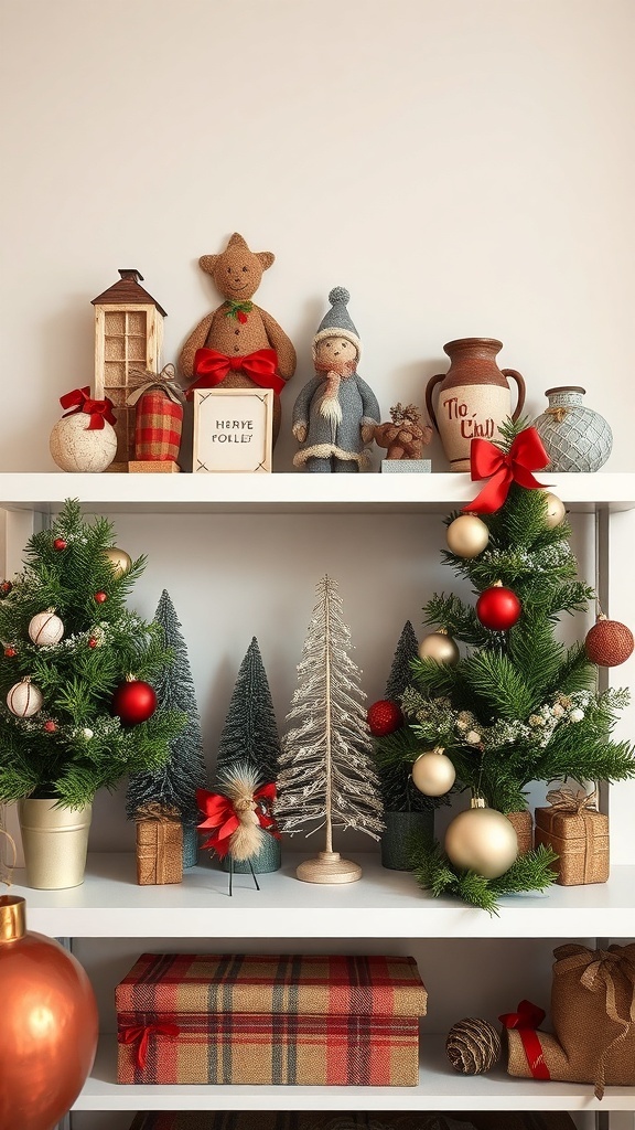 A cozy vintage Christmas decor display featuring knitted figures, small trees, and festive ornaments.
