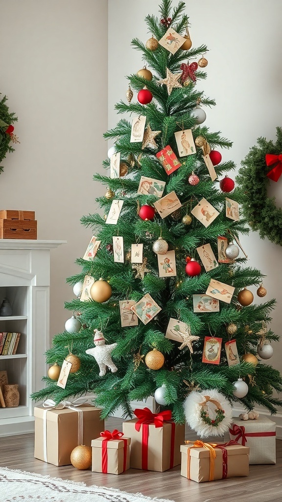A Christmas tree decorated with vintage cards and ornaments, surrounded by wrapped gifts.