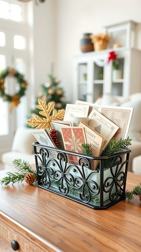 A decorative holder filled with vintage Christmas cards, surrounded by greenery and a pine cone on a wooden table.