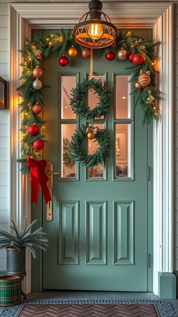 A vintage green door decorated for Christmas with wreaths, ornaments, and a warm light.