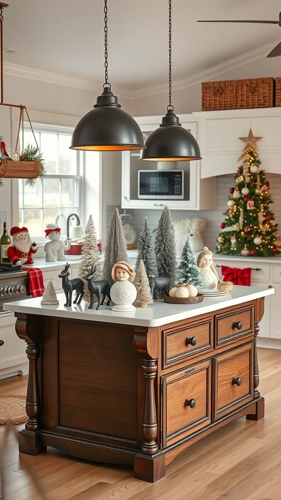 A vintage-style kitchen island decorated for Christmas with miniature trees, snowmen, and reindeer.
