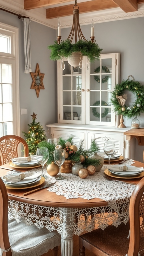 A vintage Christmas dining table decorated with lace, ornaments, and greenery.