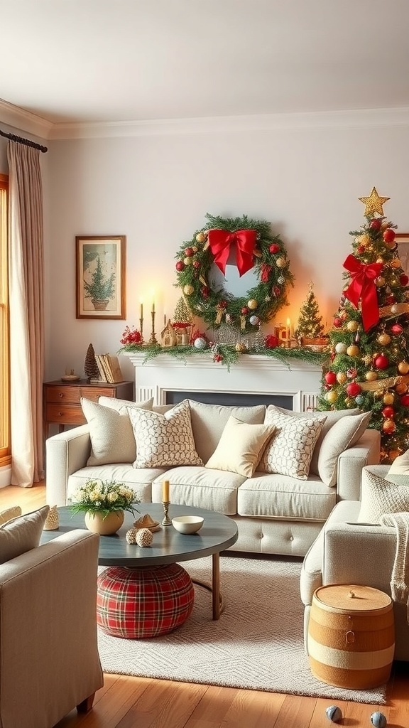 Cozy living room decorated for Christmas with vintage elements, including a wreath, a Christmas tree, and a festive mantel.