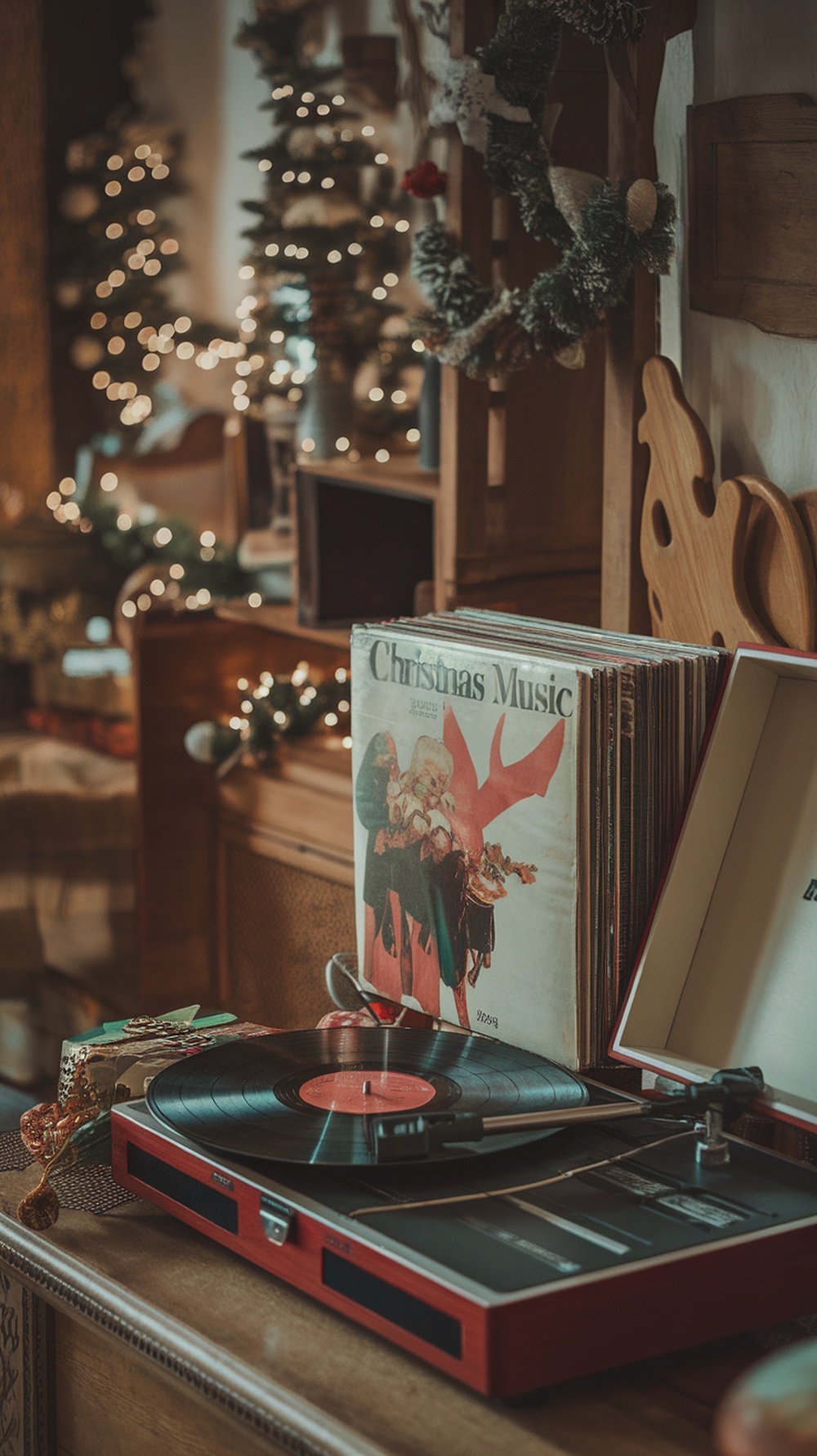 A vintage record player with Christmas music records, surrounded by holiday decorations.