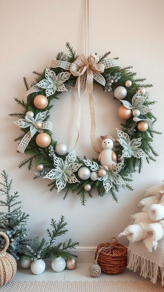 A winter wreath adorned with vintage Christmas ornaments, featuring a snowman and decorative leaves.