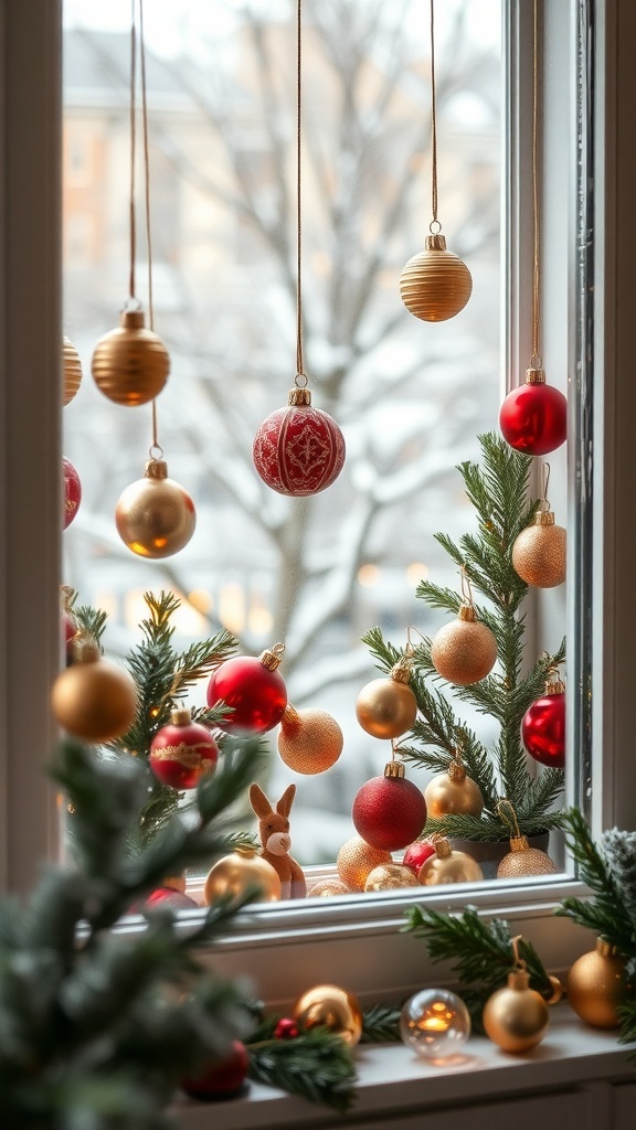 A window decorated with vintage Christmas ornaments in red and gold, along with pine branches and a small wooden figure.