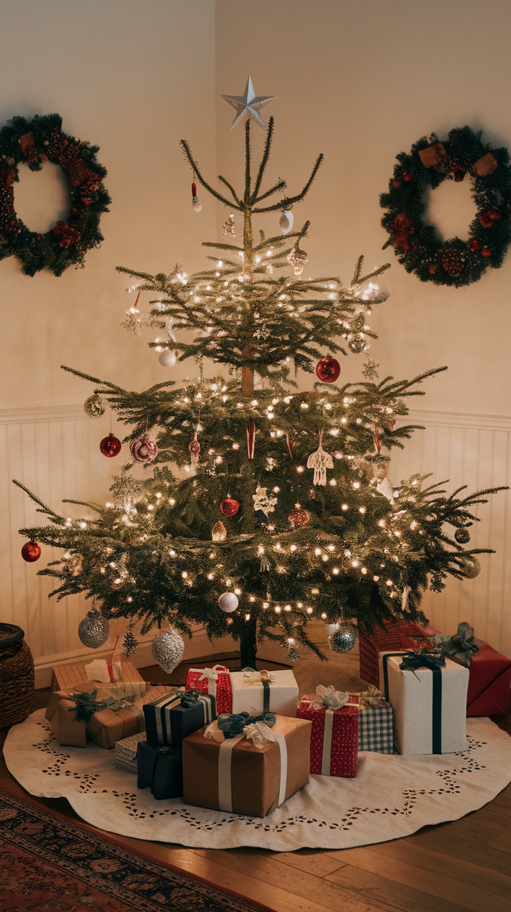 A beautifully decorated Christmas tree with a vintage white tree skirt and colorful presents underneath.