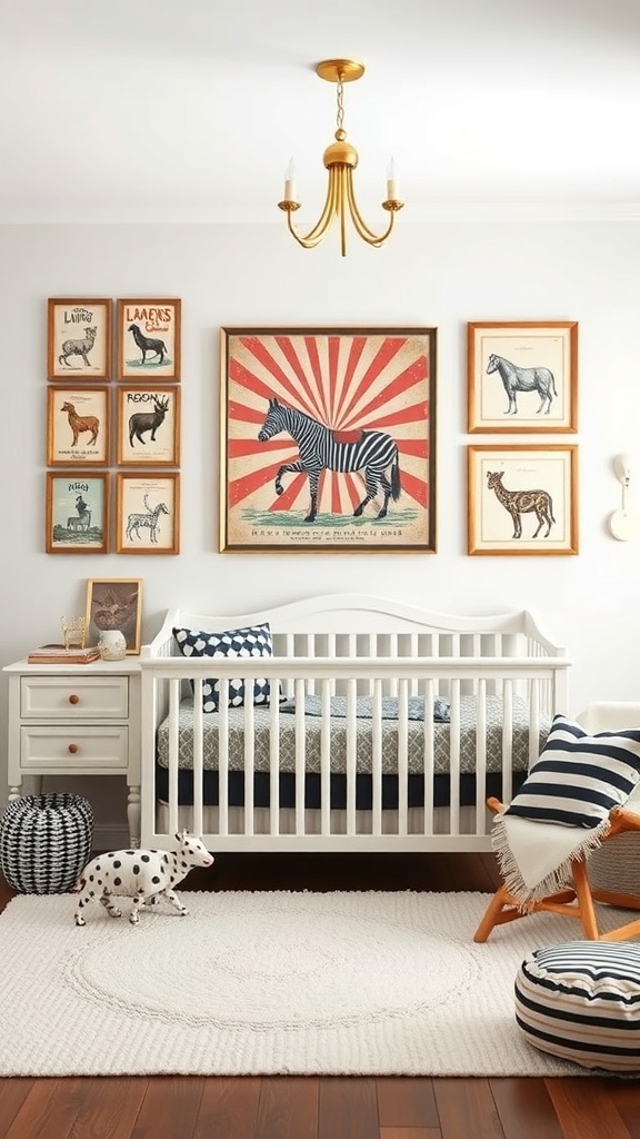 A nursery designed with a vintage circus theme, featuring animal illustrations, a striped crib, and playful decor.