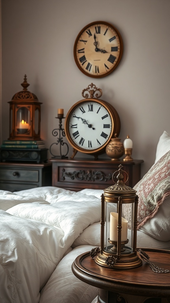 A vintage bedroom featuring multiple clocks, a lantern, and cozy bedding.