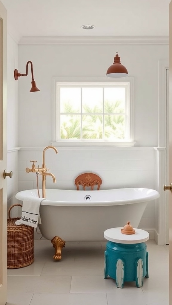 A vintage coastal bathroom featuring a freestanding tub, golden faucet, and warm lighting.