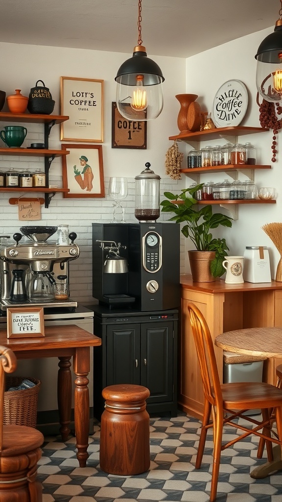 A cozy vintage coffee bar setup with wooden shelves, a coffee machine, and decorative items.