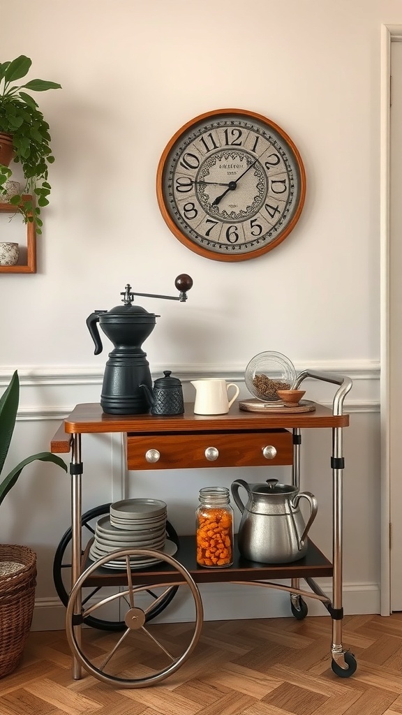 A vintage coffee cart with a wooden top, metal frame, coffee grinder, coffee pots, plates, and a glass jar of snacks, alongside a wall clock and plants.