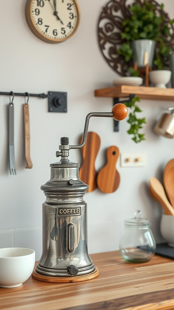A vintage coffee grinder displayed on a wooden countertop with kitchen utensils and a clock in the background.