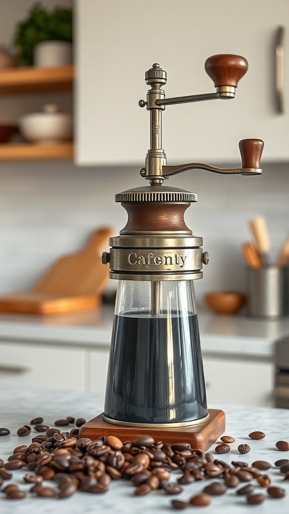 A vintage coffee grinder on a kitchen counter with coffee beans scattered around.