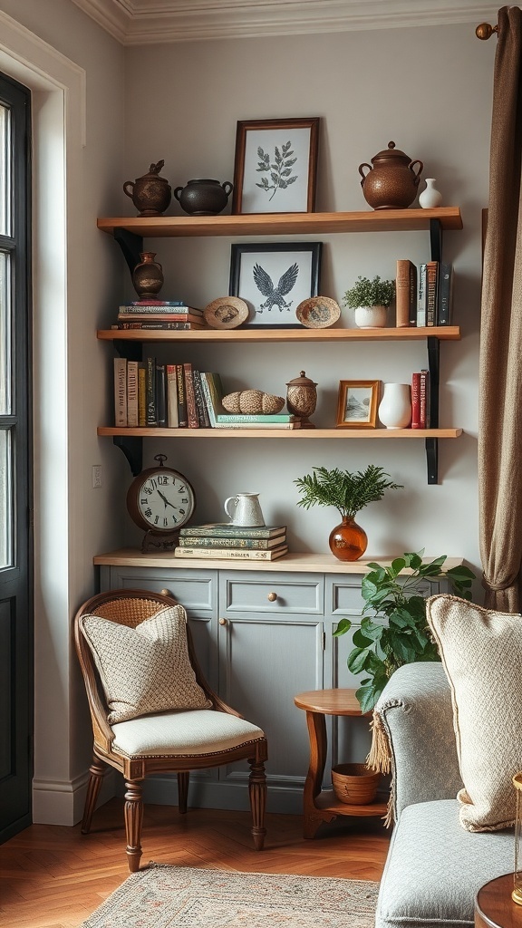 A cozy vintage corner shelf with pottery, books, and plants