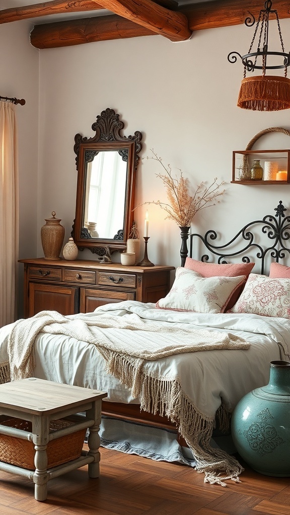 A romantic boho bedroom featuring vintage decor accents, including a wooden dresser, a vintage mirror, and soft textiles.