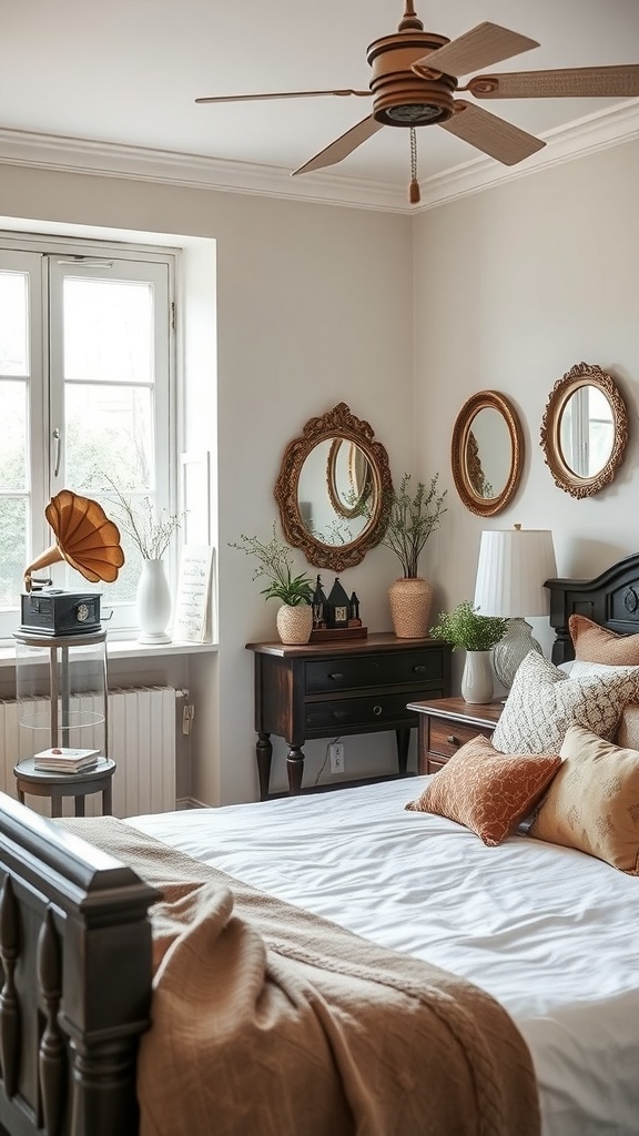 A vintage-inspired bedroom with ornate mirrors, a gramophone, and soft bedding.