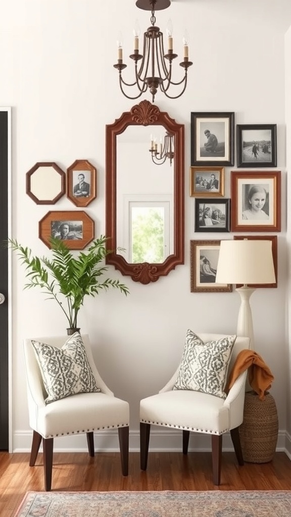 A rustic entryway featuring vintage decor with framed photos, a mirror, a chandelier, and two chairs.