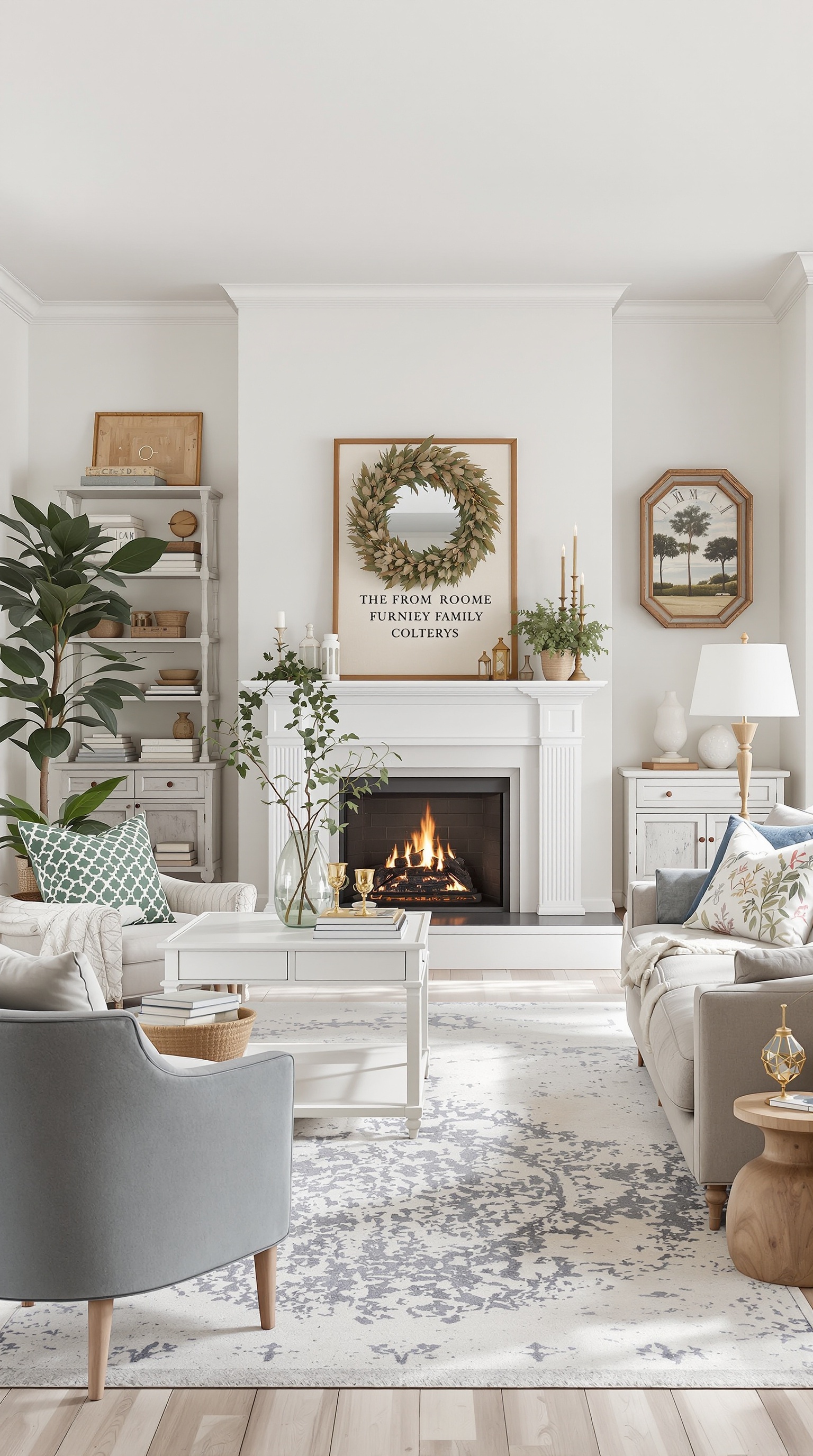 A cozy family room featuring vintage decor and modern touches, with a fireplace, wreath, and stylish furniture.