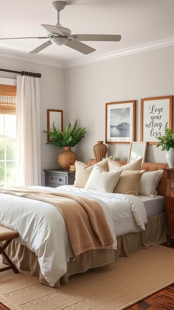 A cozy modern farmhouse bedroom with vintage decor elements, featuring a bed with soft pillows, wooden furniture, and natural plants.
