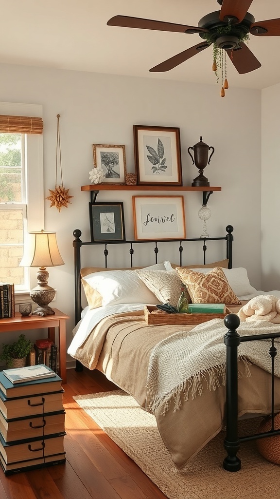 A cozy boho farmhouse bedroom featuring vintage decor elements like a black metal bed frame, framed botanical prints, and a bedside lamp.