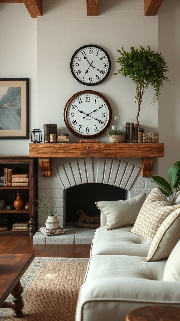 A cozy modern rustic living room featuring a wooden mantel with clocks, books, and a potted plant.