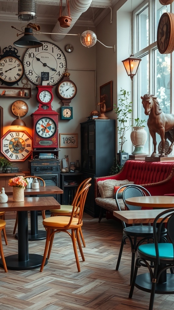 Cozy cafe interior featuring vintage clocks, colorful chairs, and warm lighting.