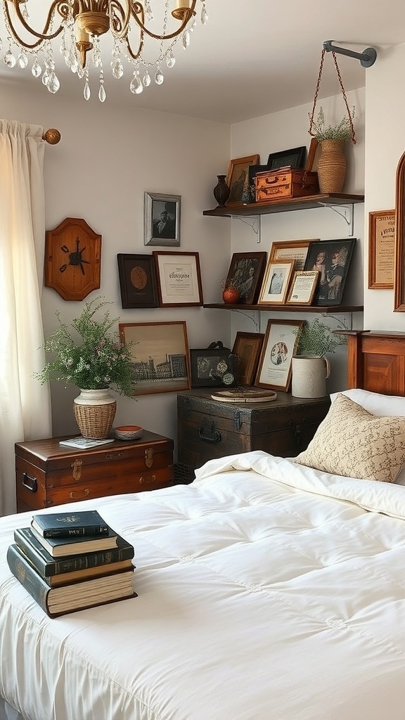 A rustic bedroom featuring vintage decor elements, including a chandelier, wooden furniture, framed pictures, and stacked books.