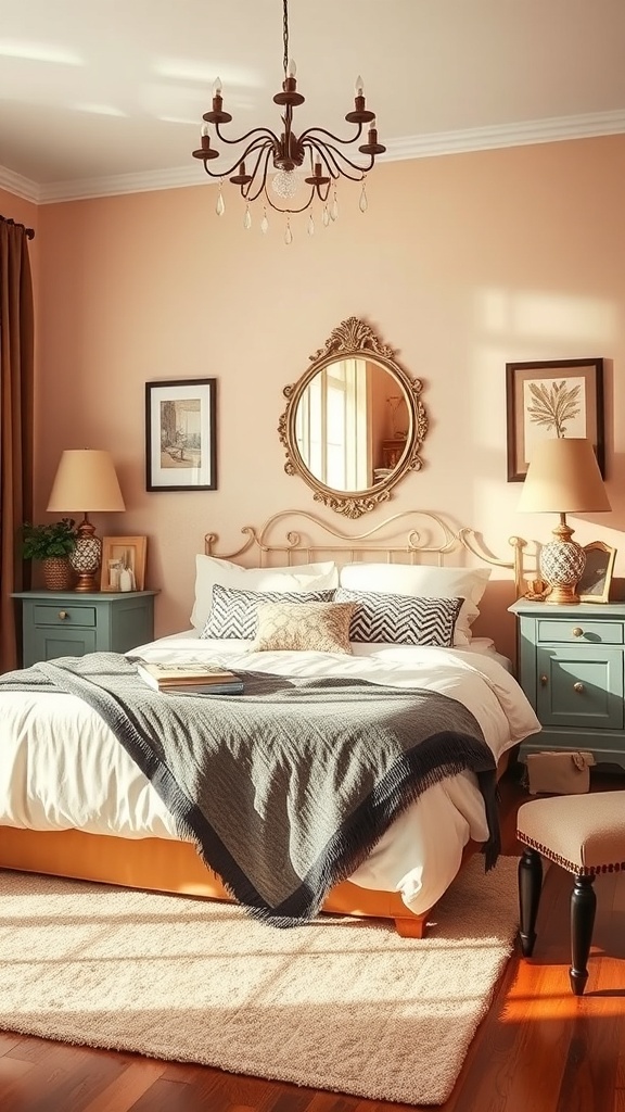 A warm bedroom with vintage decor, featuring peach walls, a chandelier, a cozy bed with patterned pillows, and elegant nightstands.