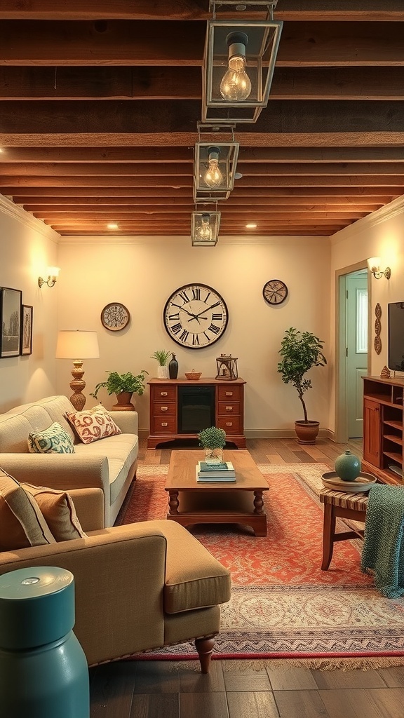 Cozy basement with vintage decor and retro furniture.