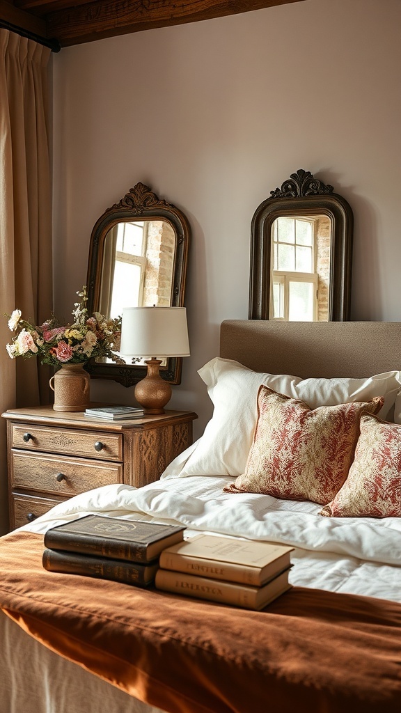 A rustic romantic bedroom featuring vintage mirrors, soft bedding, and a cozy atmosphere.