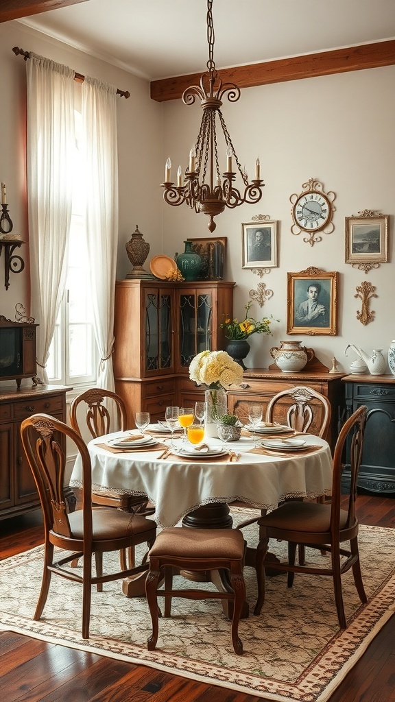 A vintage dining room featuring a round table with a tablecloth, antique chairs, a chandelier, and decorative wall frames.