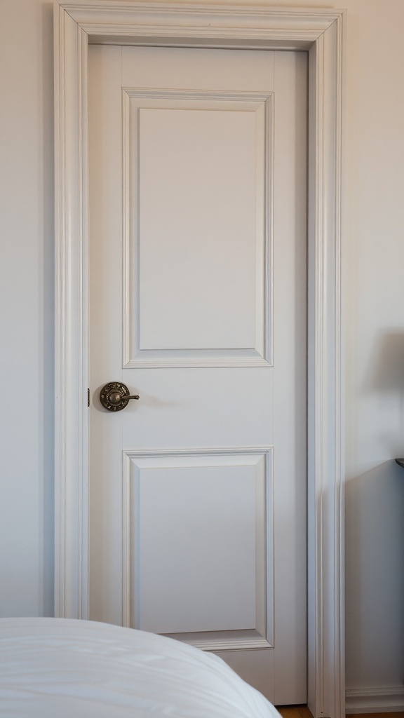 A classic bedroom door with a vintage door knob and handle.