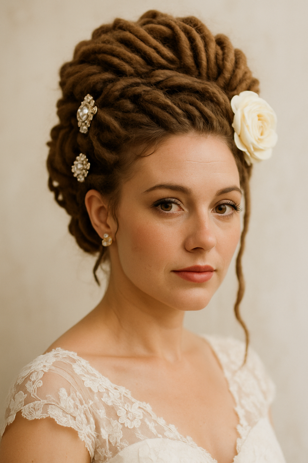 A bride with a vintage dreadlock updo adorned with a flower and hair accessories.