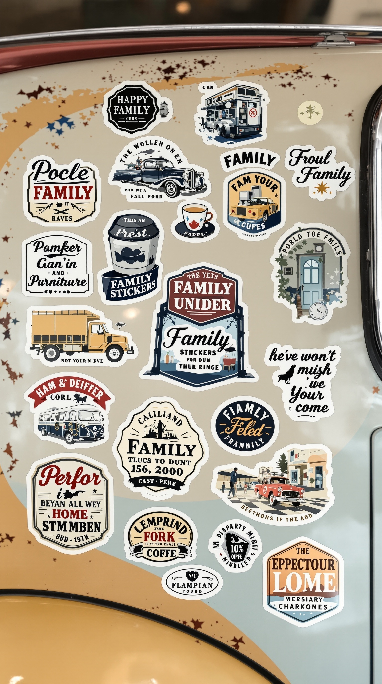 A collection of vintage family stickers featuring playful designs and phrases.