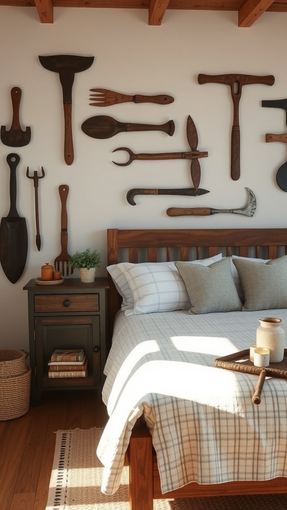 A vintage farmhouse bedroom featuring rustic farm tools displayed on the wall.