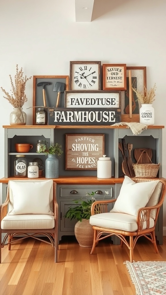 A rustic farmhouse decor display featuring vintage signs, tools, and rattan chairs.