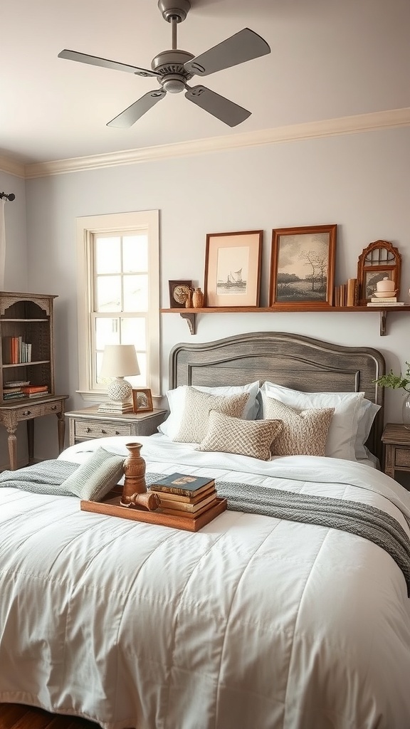 A cozy vintage farmhouse bedroom with white bedding, rustic wooden furniture, and vintage decor.