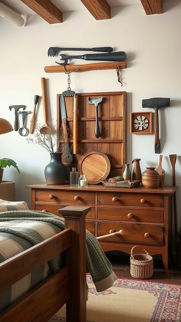 A rustic farmhouse bedroom featuring a wooden dresser with vintage tools and decorative items.