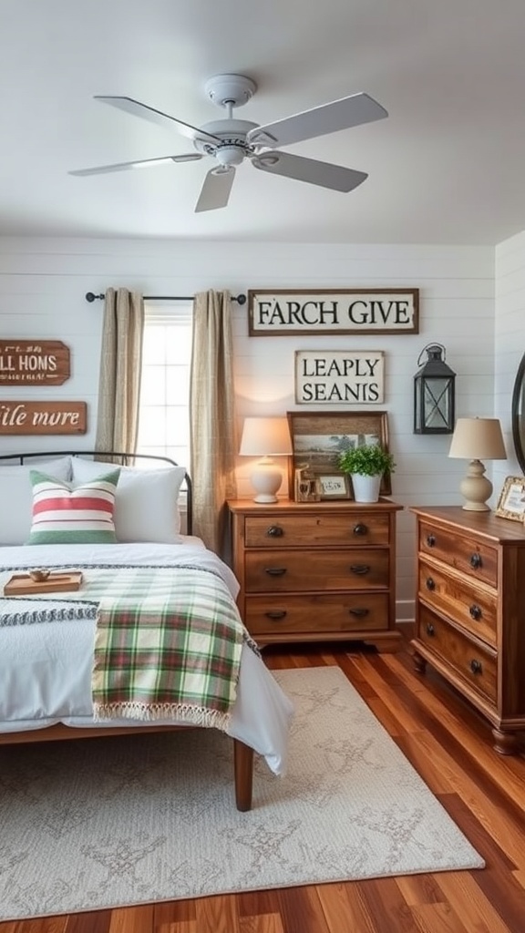 A cozy teen bedroom featuring vintage farmhouse decor with wooden furniture, plaid bedding, and rustic wall signs.